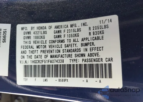 2015 Honda Accord Sport из США, поврежденный, VIN 1HGCR2F51FA074338